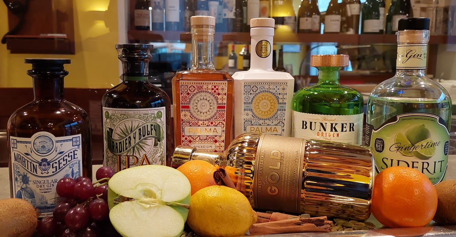 Selezione di gin spagnoli tra cui Martín Sessé, Palma, Bunker e Siderit, con agrumi e spezie sul bancone de La Chicchera a Lugano